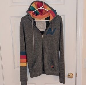 Aviator Nation Signature Zip Up Rainbow Hoodie Small Grey